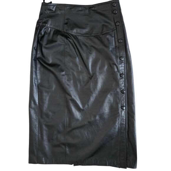 Vintage 90s Wilson's Leather Women Baddie Midi Skirt Snap Front Edgy Black Large - Picture 2 of 12